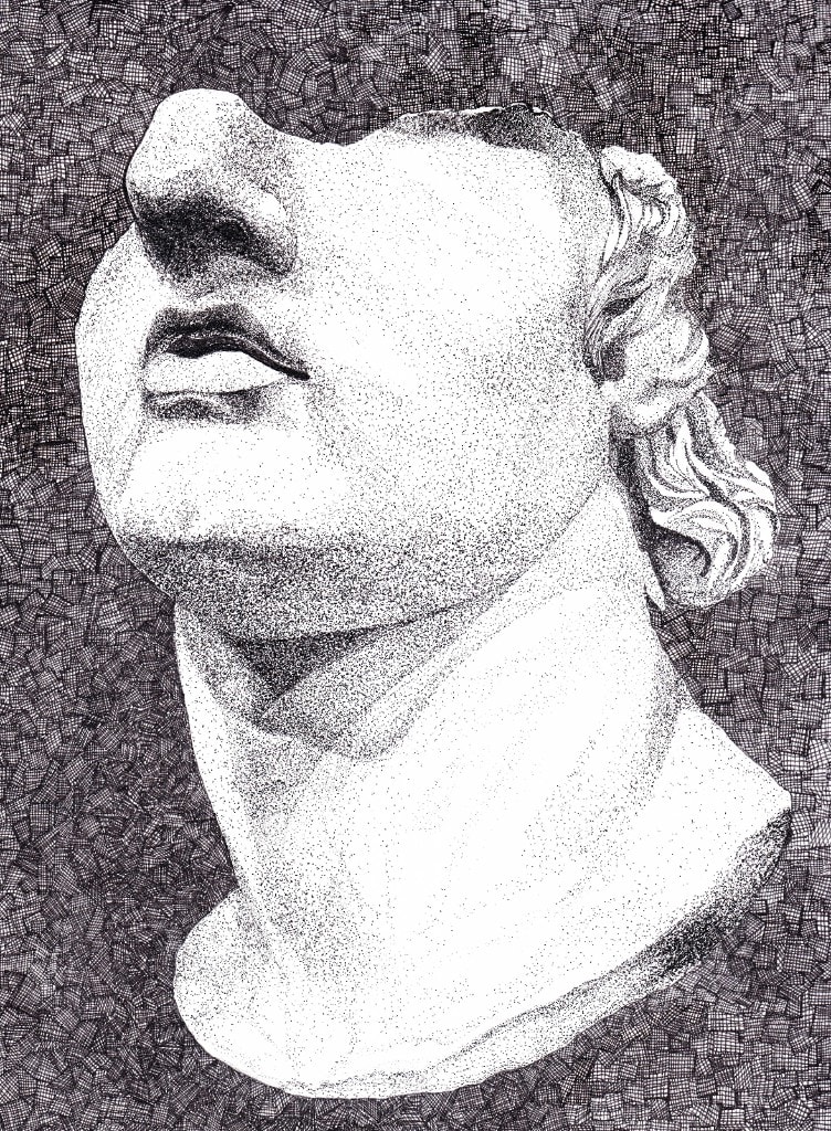Classical bust — stippled pen drawing on a crosshatched field