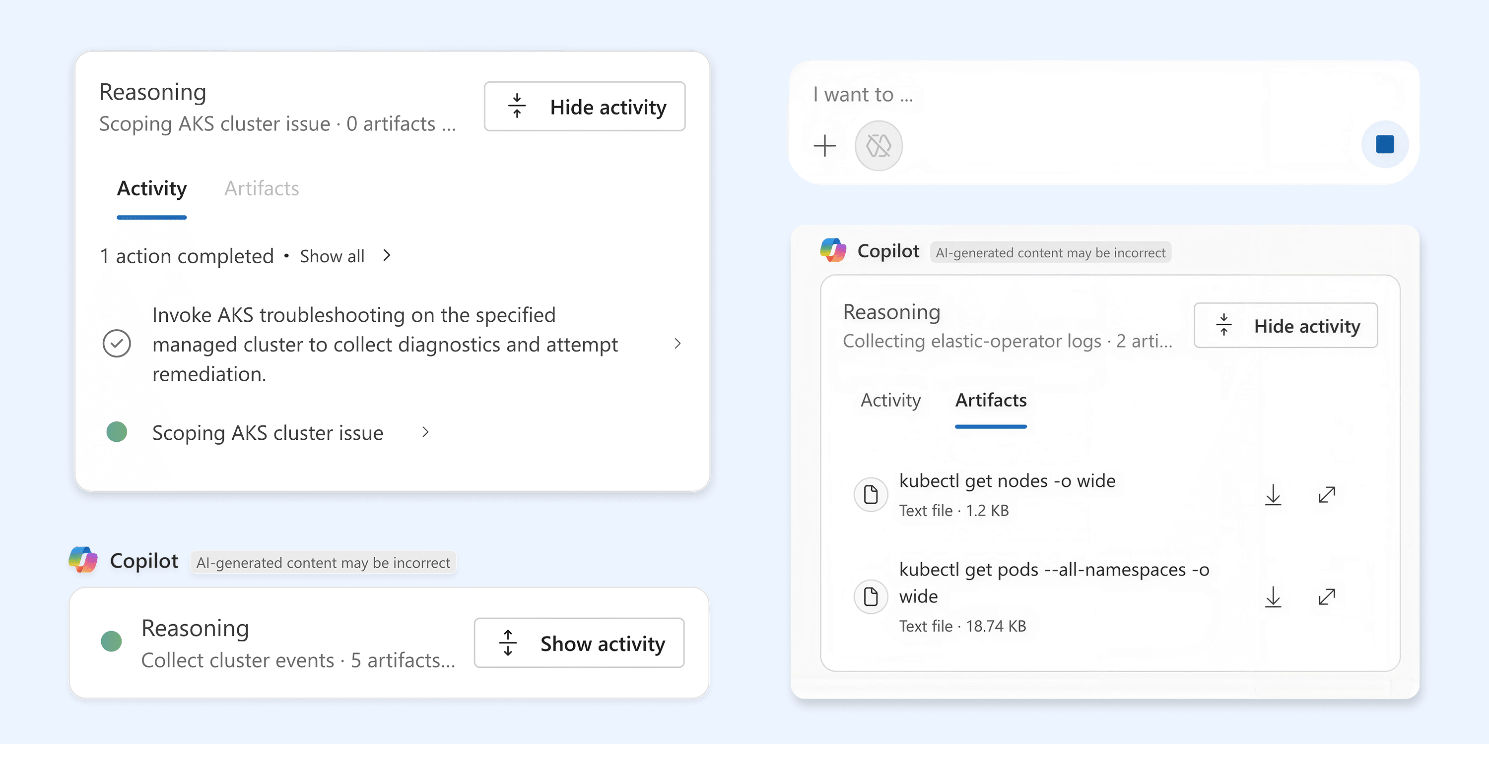 Azure Troubleshooting Agent: Copilot reasoning cards showing an AKS diagnostic run — activity steps and the collected kubectl artifacts