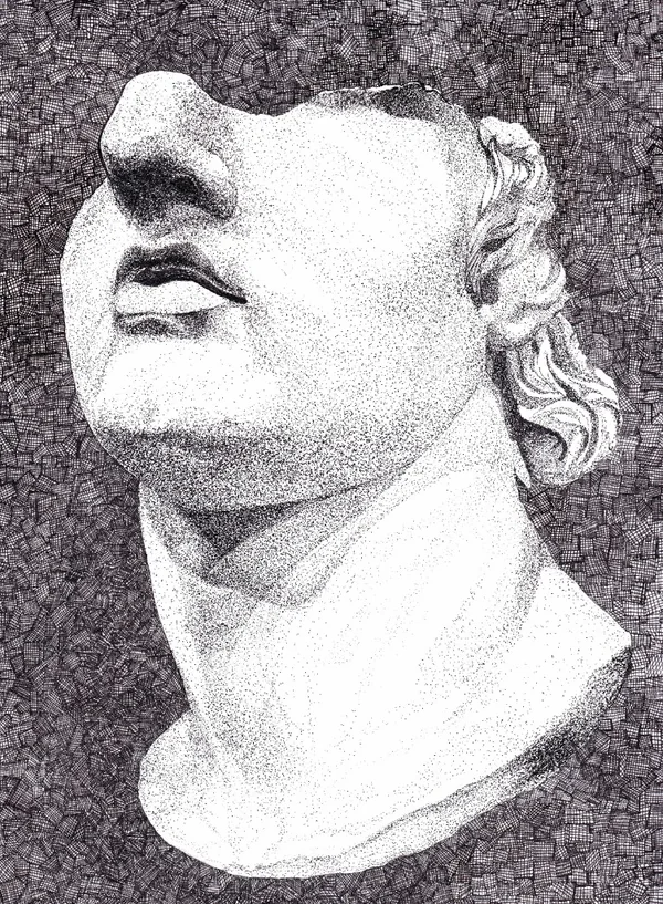 Classical bust — stippled pen drawing
