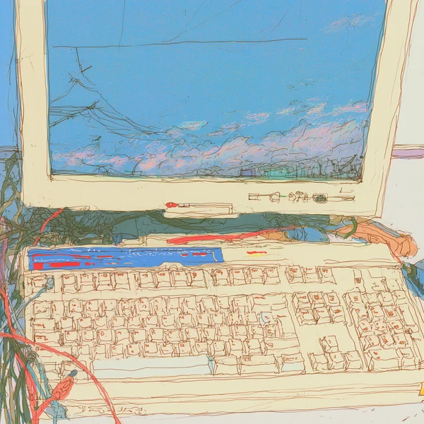 Illustration of an open laptop drawn in loose ink lines, its screen showing an open sky