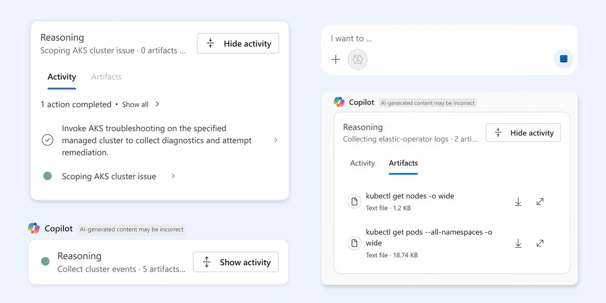 Azure Troubleshooting Agent: Copilot reasoning cards showing an AKS diagnostic run — activity steps and the collected kubectl artifacts